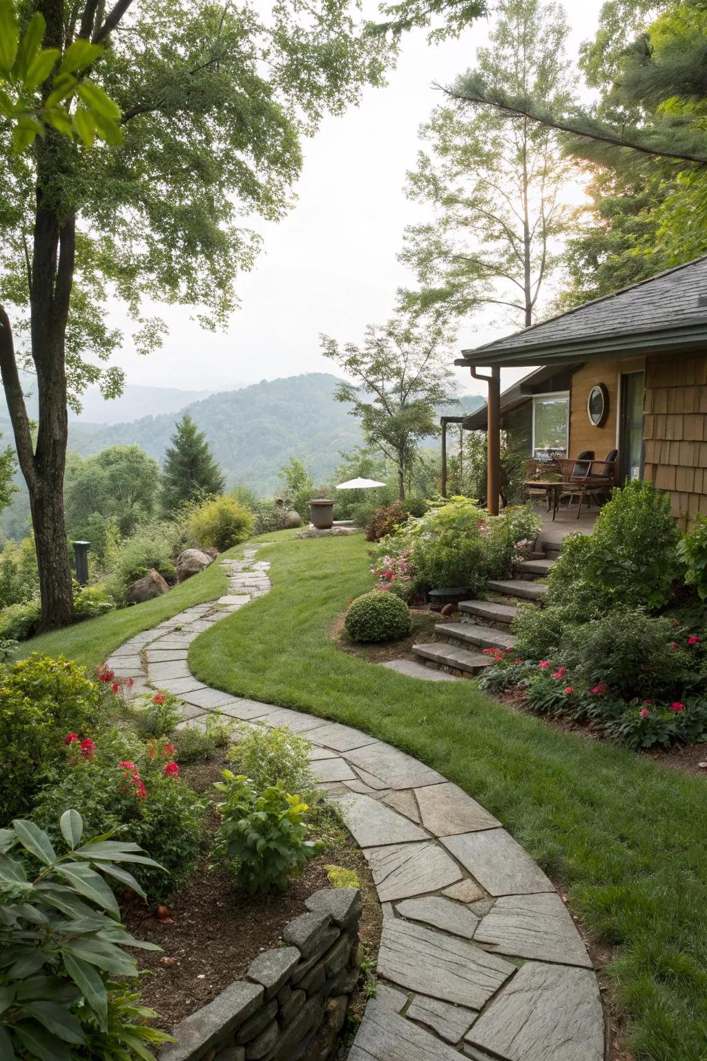 Pathways escort guests through the beauty of your sloping garden.
