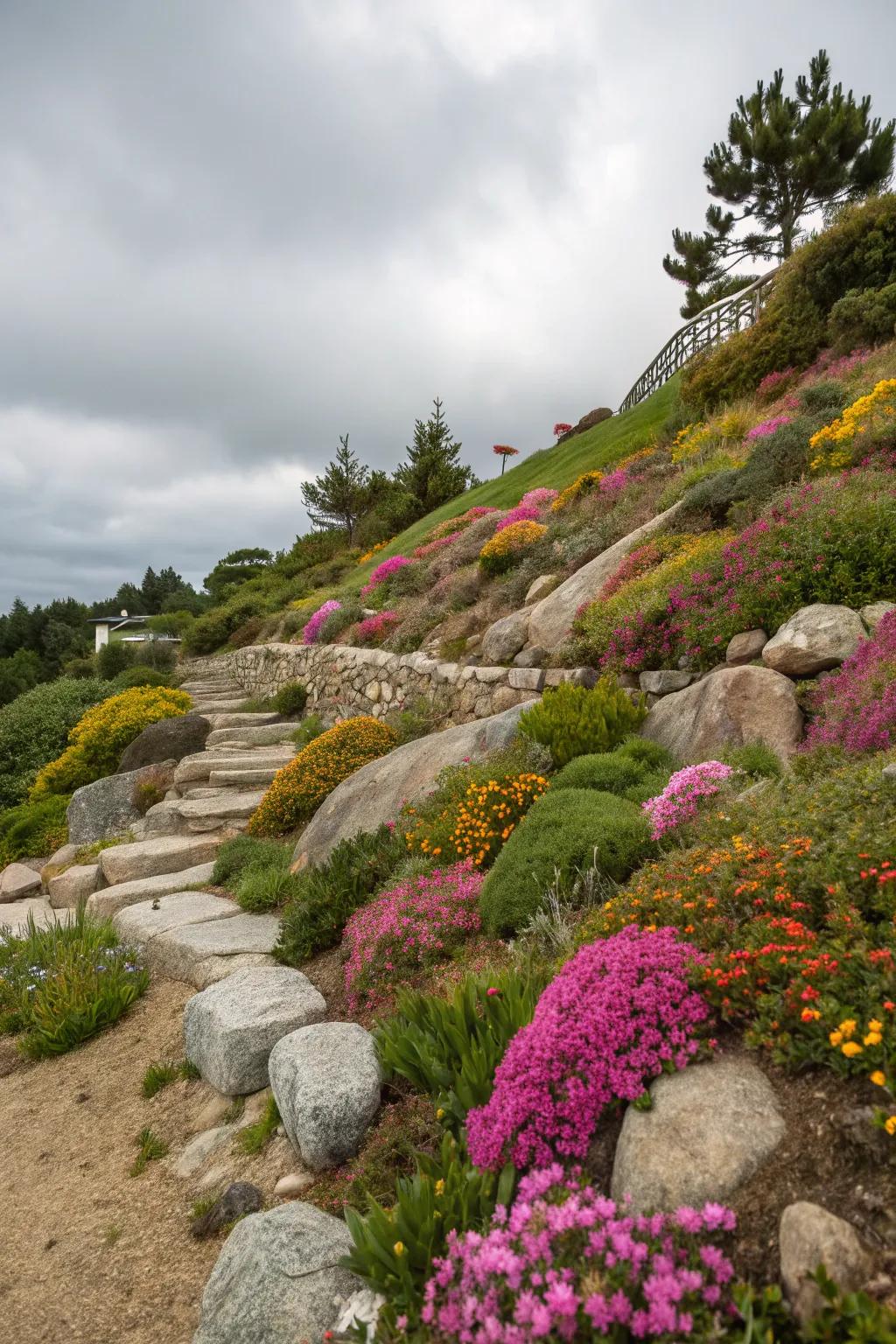 Colorful flowers bring life to a sloping rock garden.