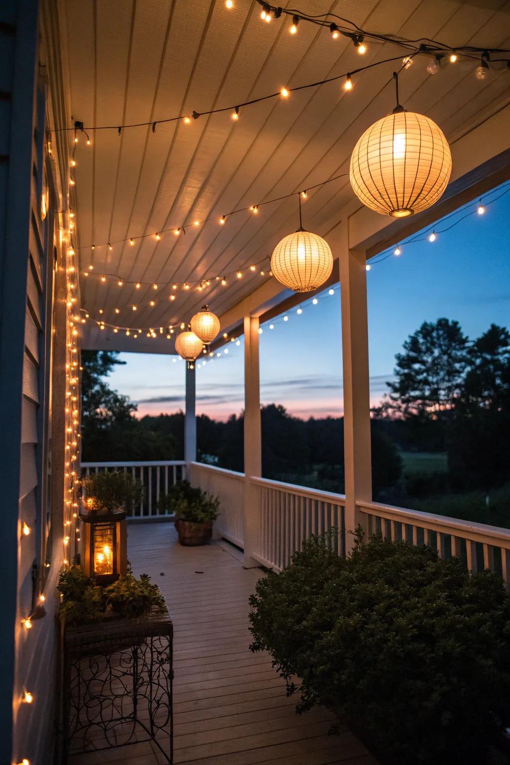 Fairy lights and lanterns deliver a warm glow on this small rear veranda.