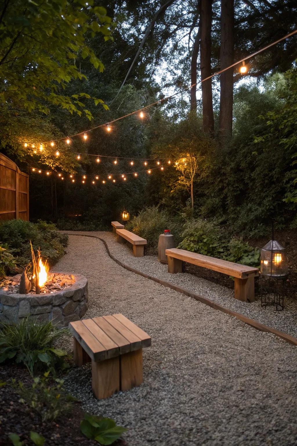 Country elegance satisfies comfort via a gravel field and integrated seating.