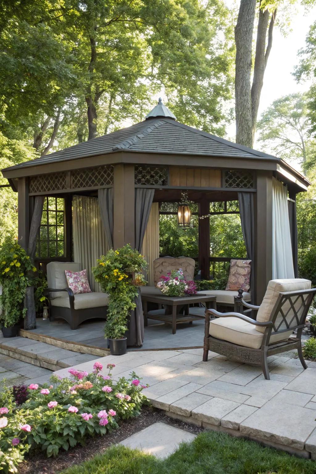 A small gazebo featuring cozy seating designed for relaxation.