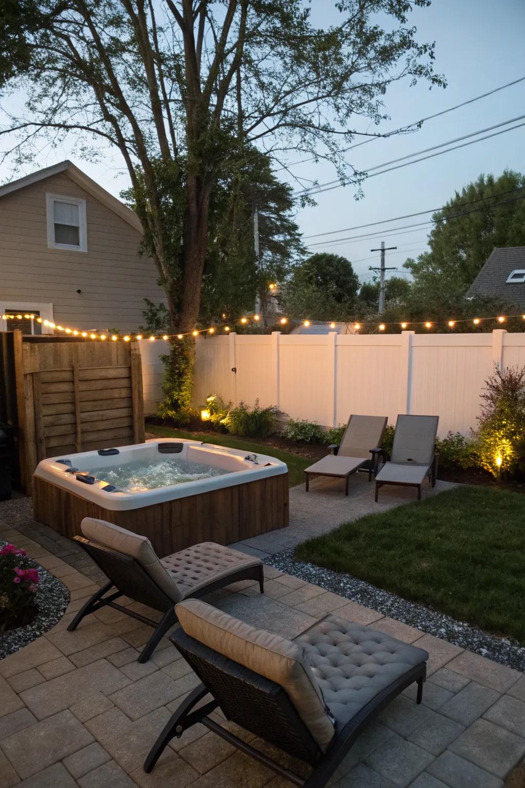 A small backyard featuring a spa and inviting loungers for relaxation.