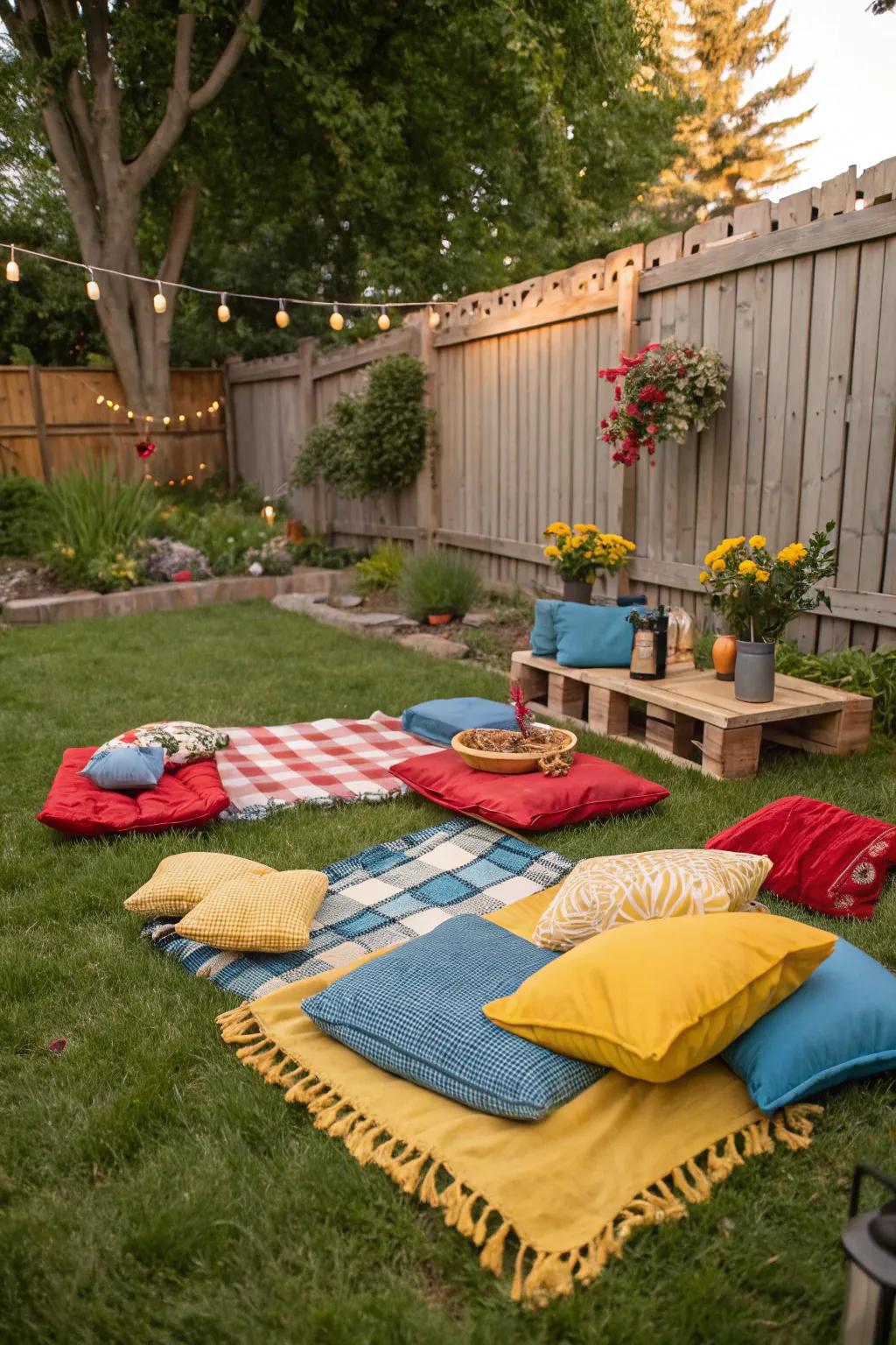 Cozy picnic-style seating with vibrant textiles