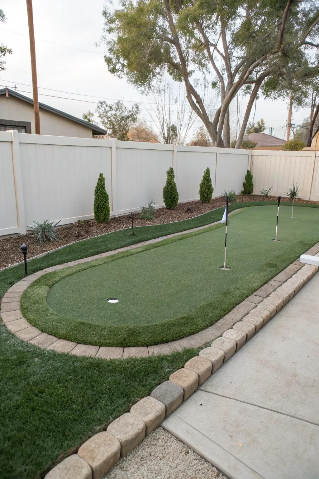 A refined, minimalist putting green design within a small backyard.