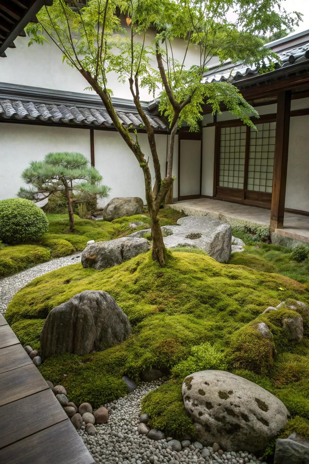 A tranquil zen garden is decorated with a thick moss bed, encircled by stones and a small tree.