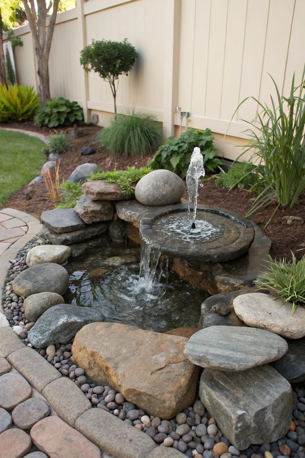 A calming water feature within a small corner rock garden.