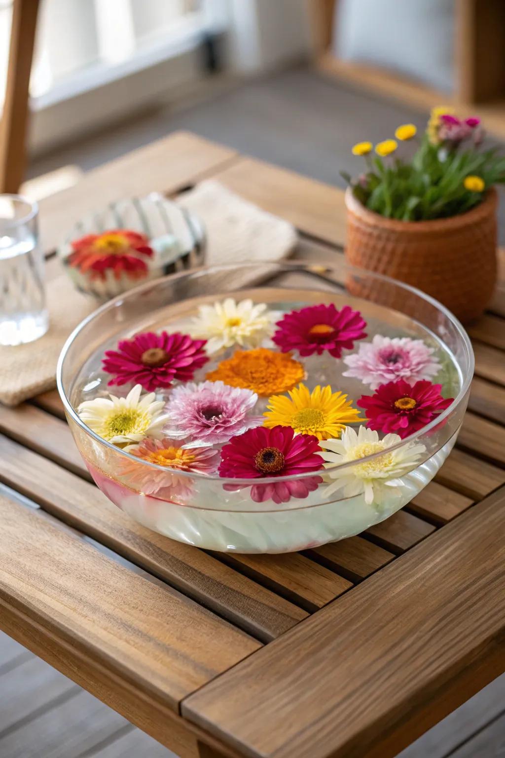 Floating flowers create a serene and captivating display.