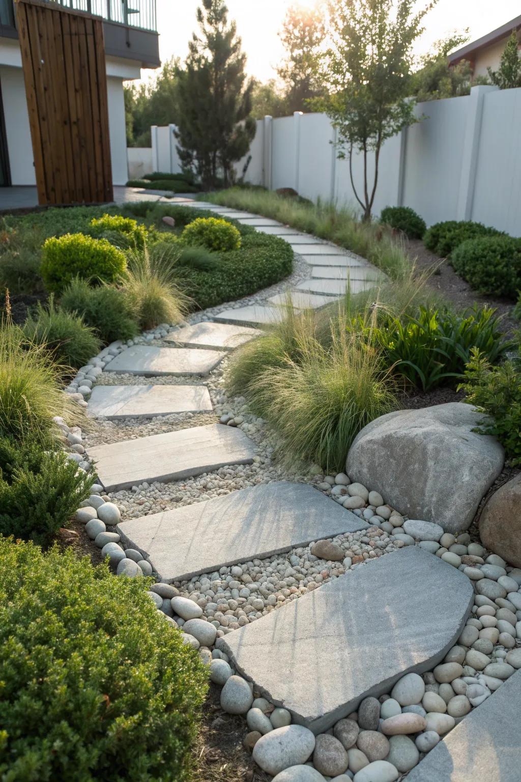 Embrace the elegance of structured simplicity with chic stone pathways in your garden.