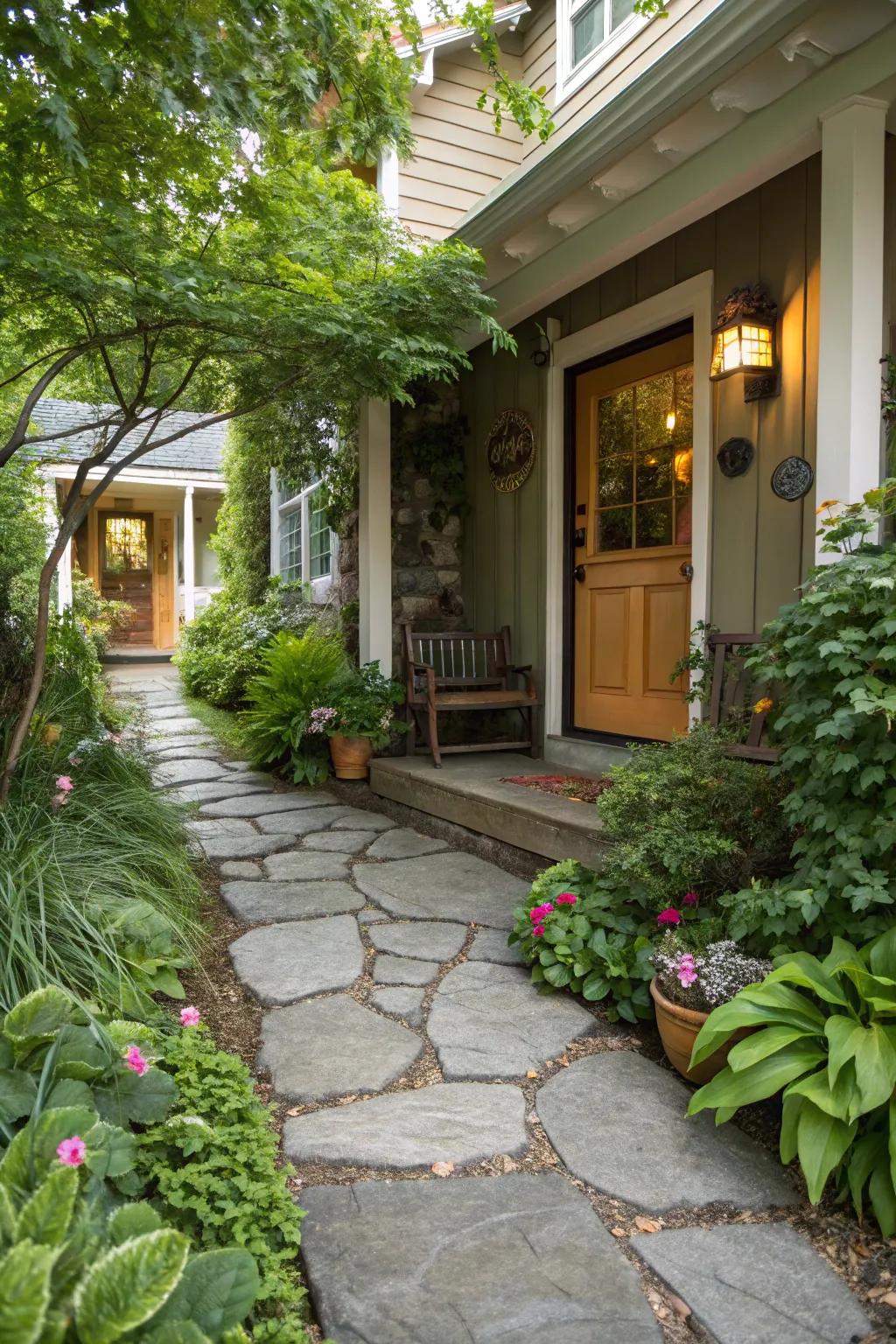 A stone pathway provides a charming guide to the entrance.