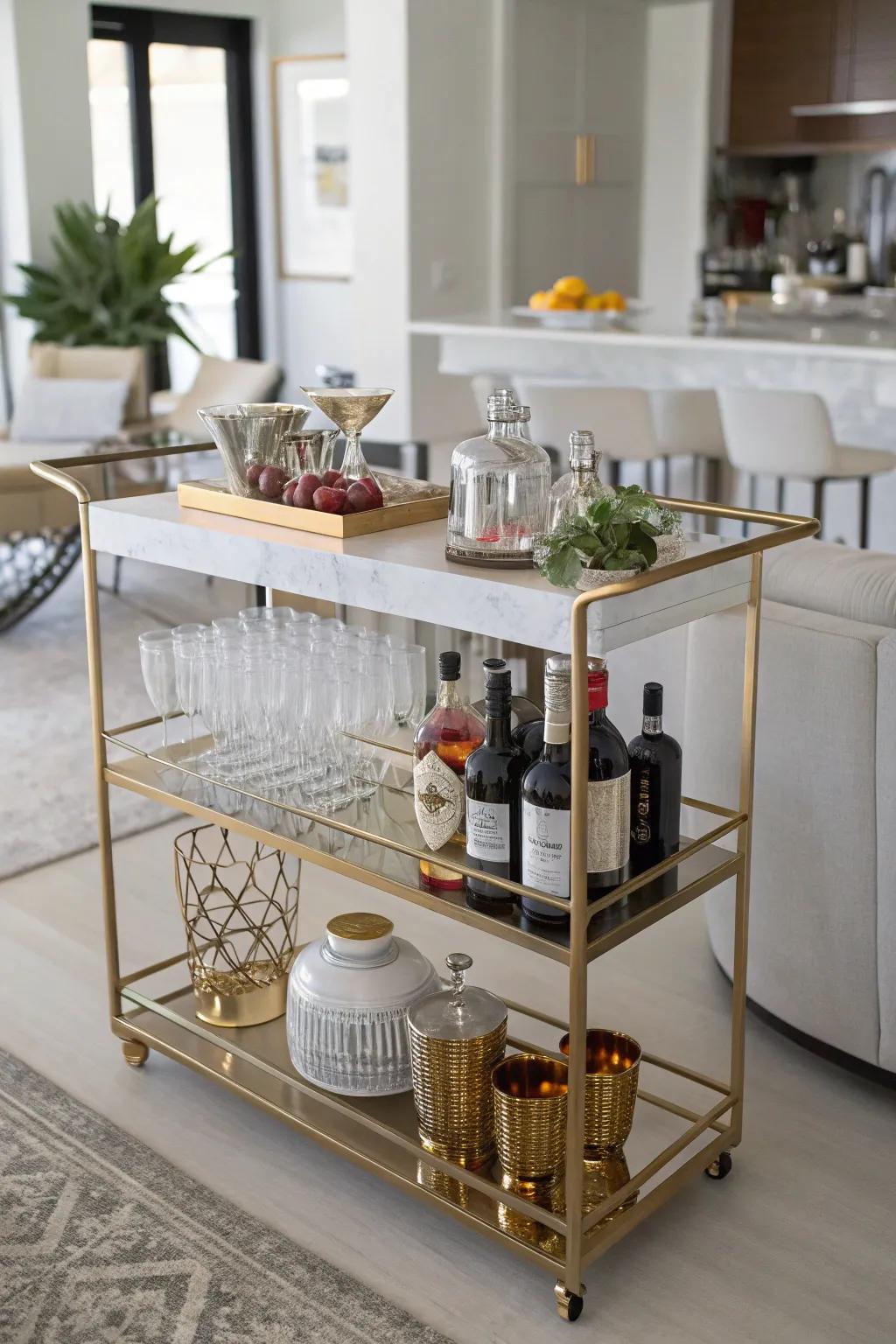 A mobile bar cart is ideal for compact spaces because it combines style and utility.