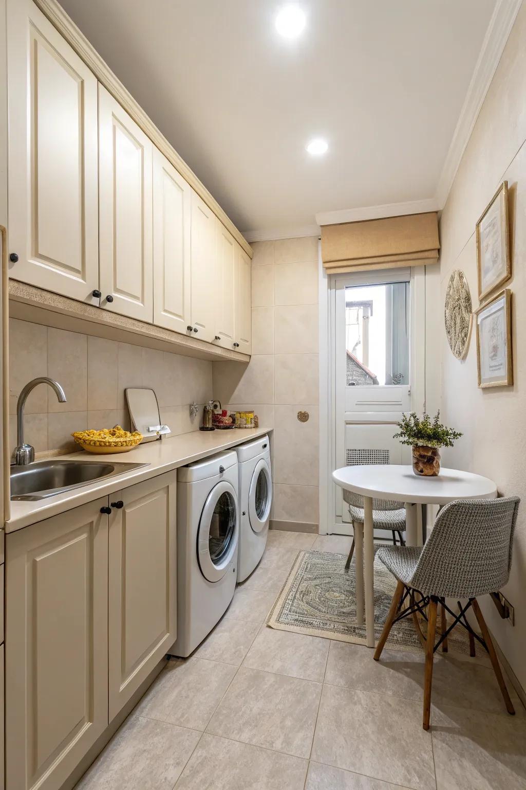 A small kitchen and laundry space with a uniform light color scheme for a cohesive look.