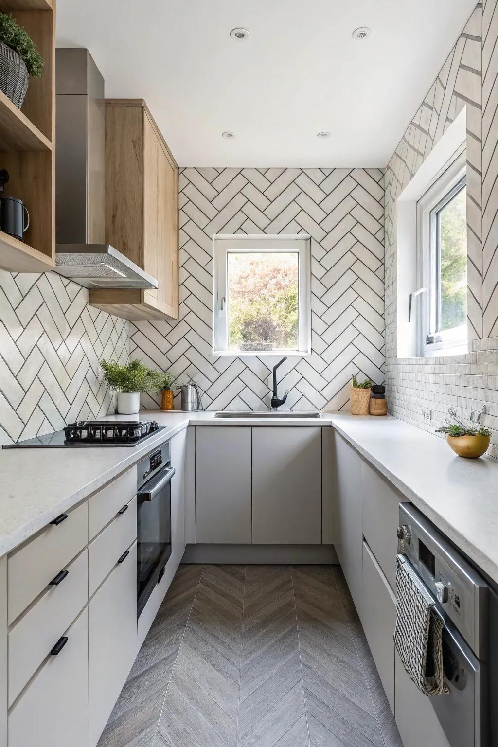 Introduce geometric shapes for a standout kitchen design.
