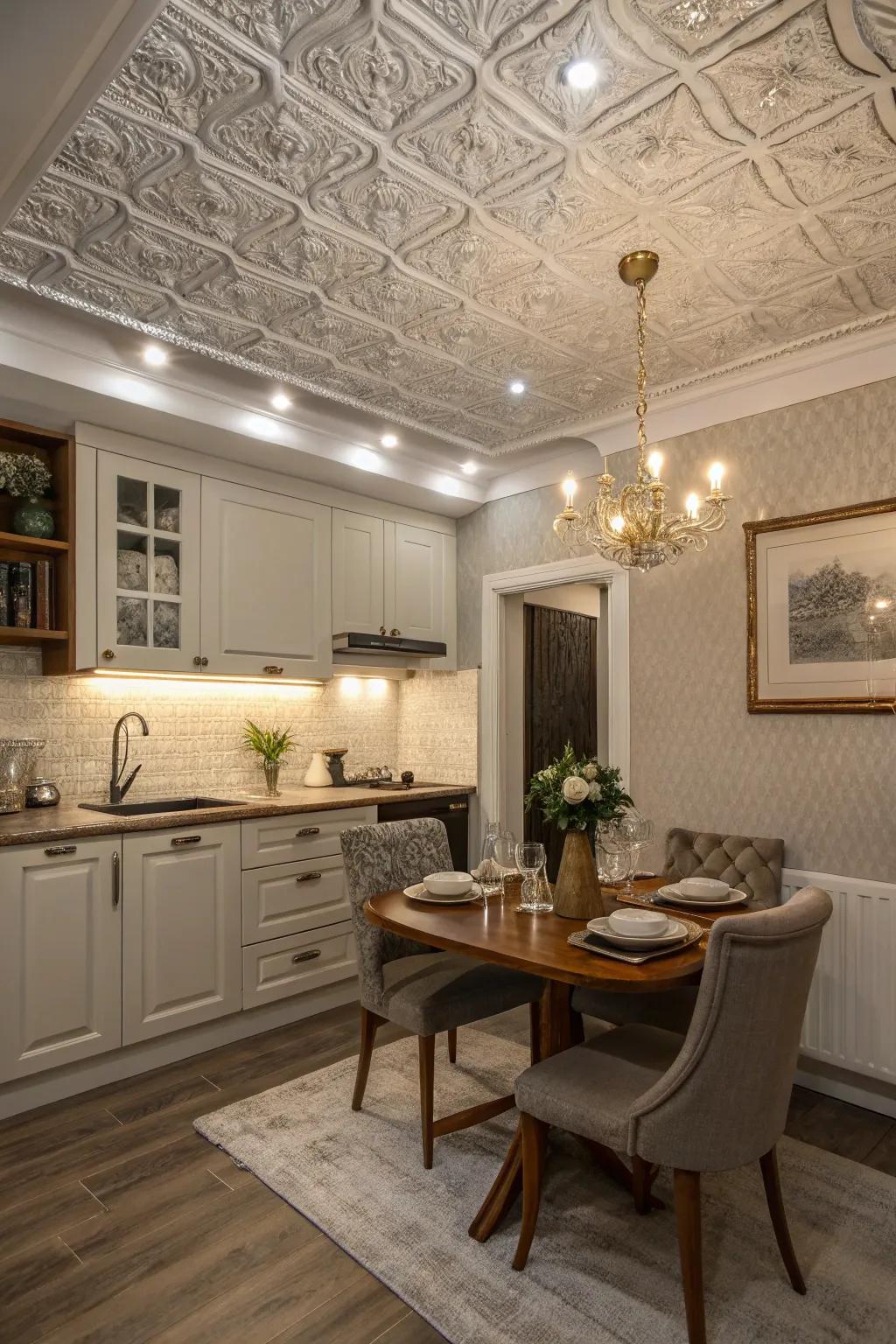 Textured ceiling panels introduce an element of sophistication to small kitchens.