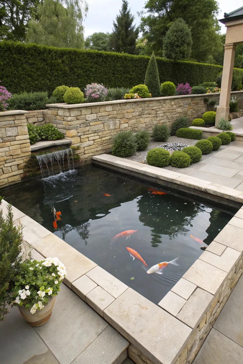 A stylish raised koi pond raises both style and the ability to see fish.