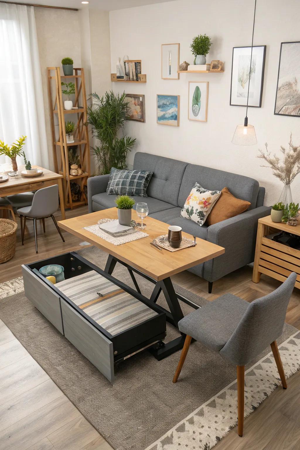 Adaptable furniture maximizing area and utility.