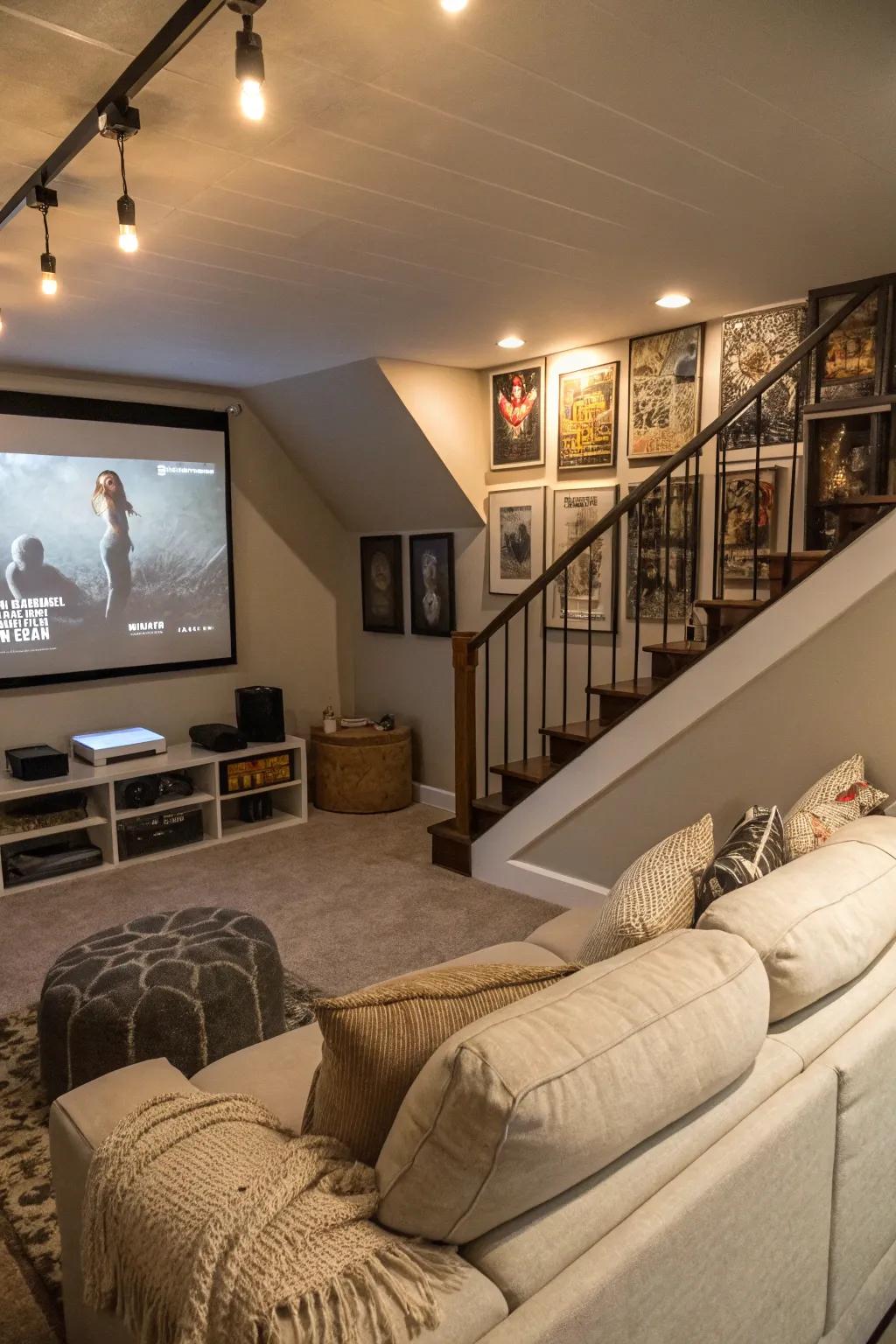A magical movie room under the stairs.