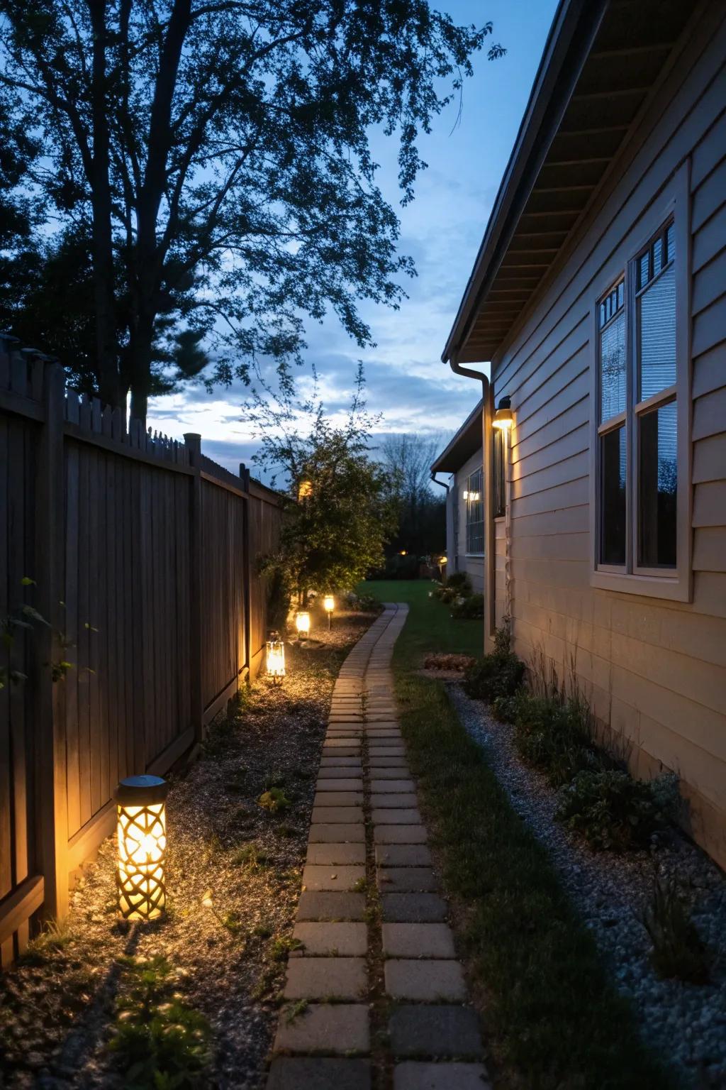 Ambient lighting enhances the allure and usability of your side yard as darkness falls.