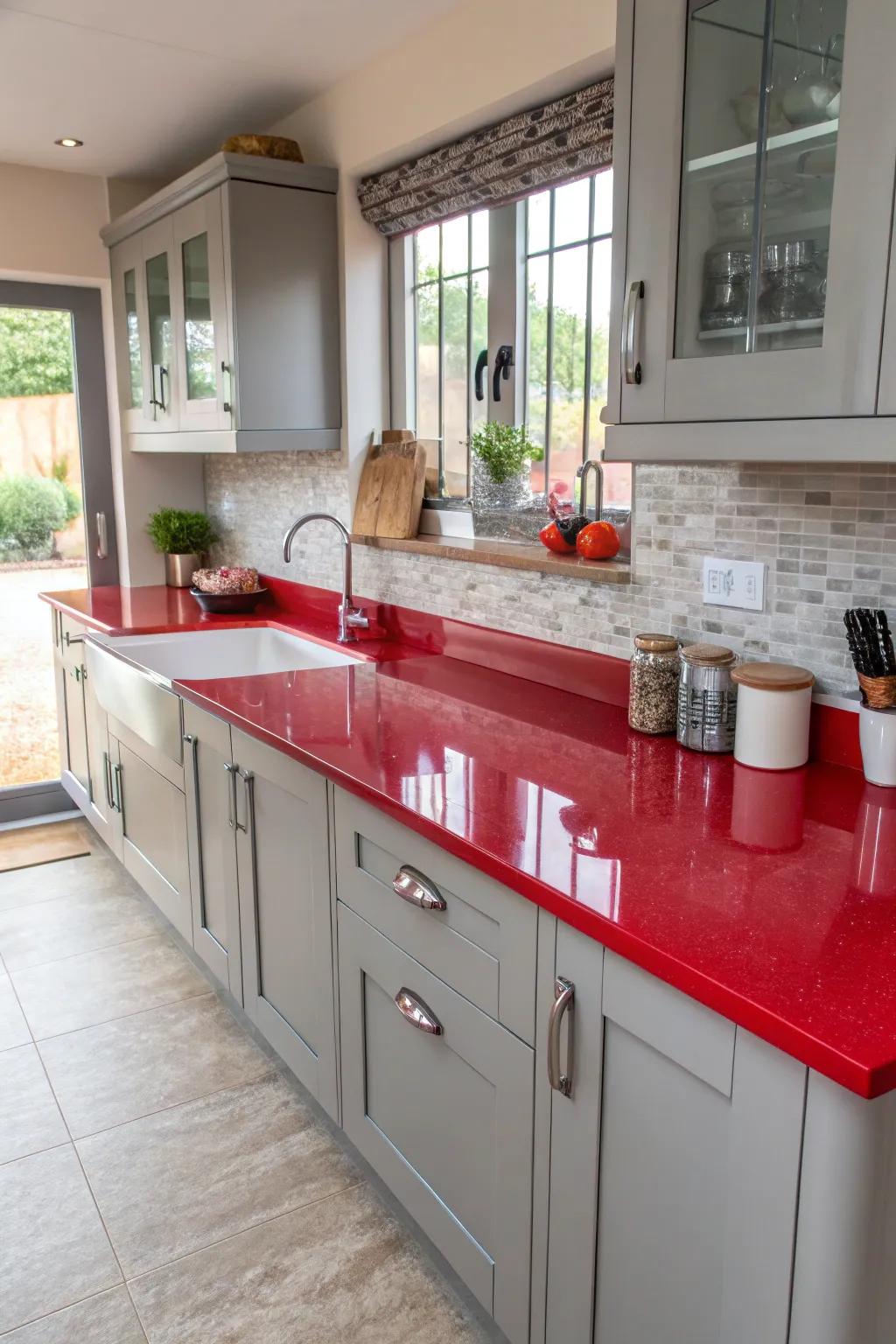 Striking vivid rouge worktop paired with muted cabinetry for a contemporary style.