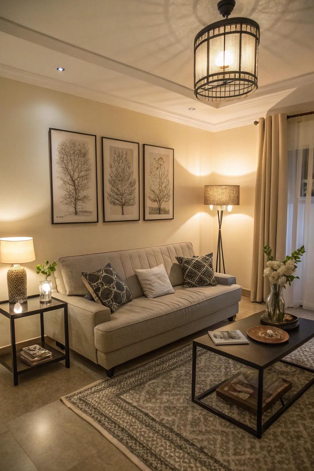 A chic sofa bed in a small living room, perfect for hosting guests.