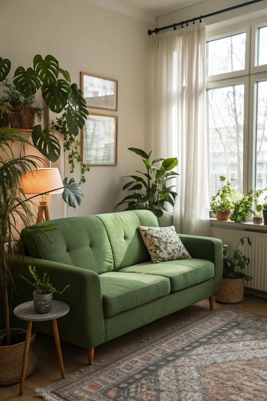 A verdant couch with indoor plants transports the outdoors inside.