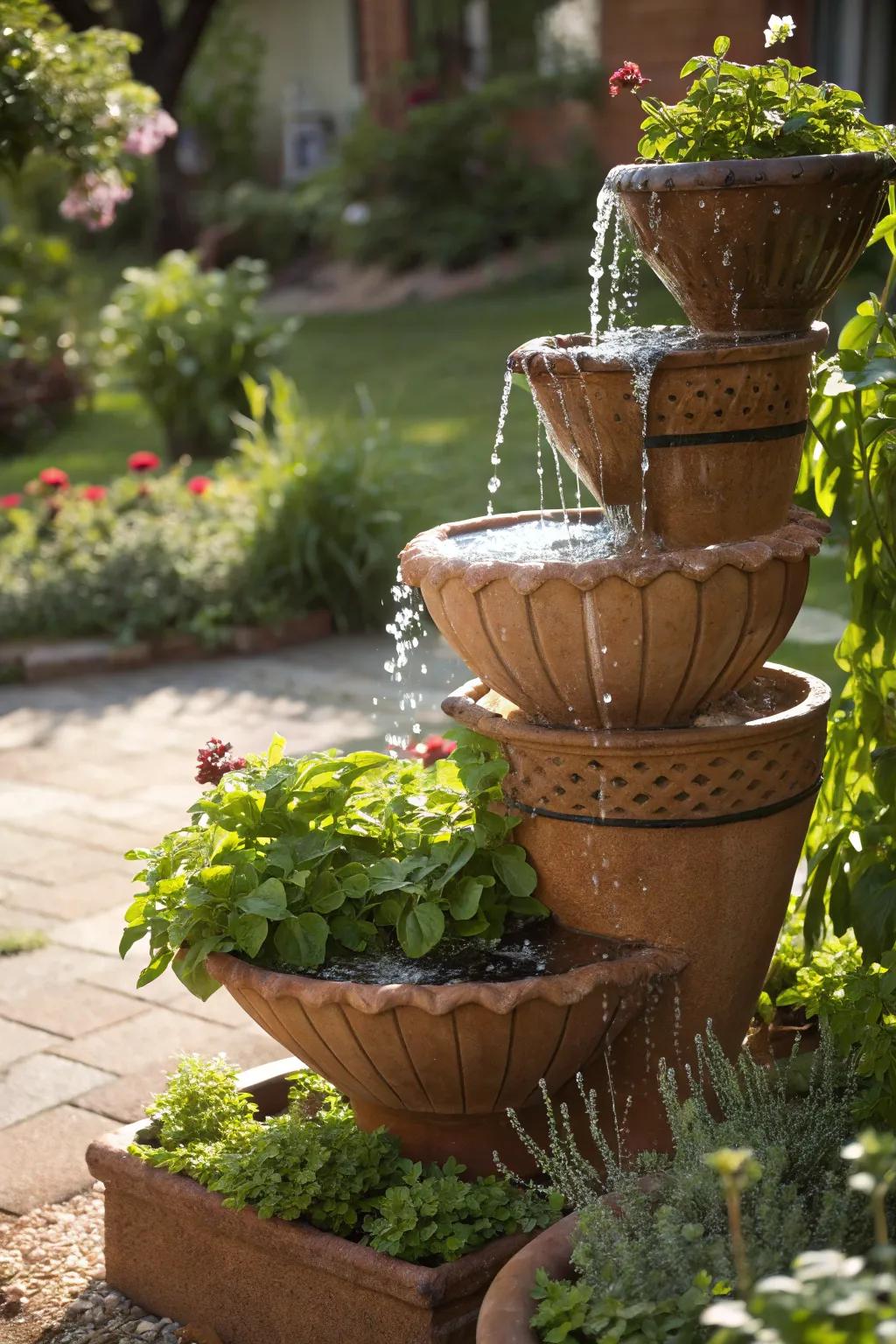 Tiered terracotta planters craft a stunning solar-powered fountain feature.