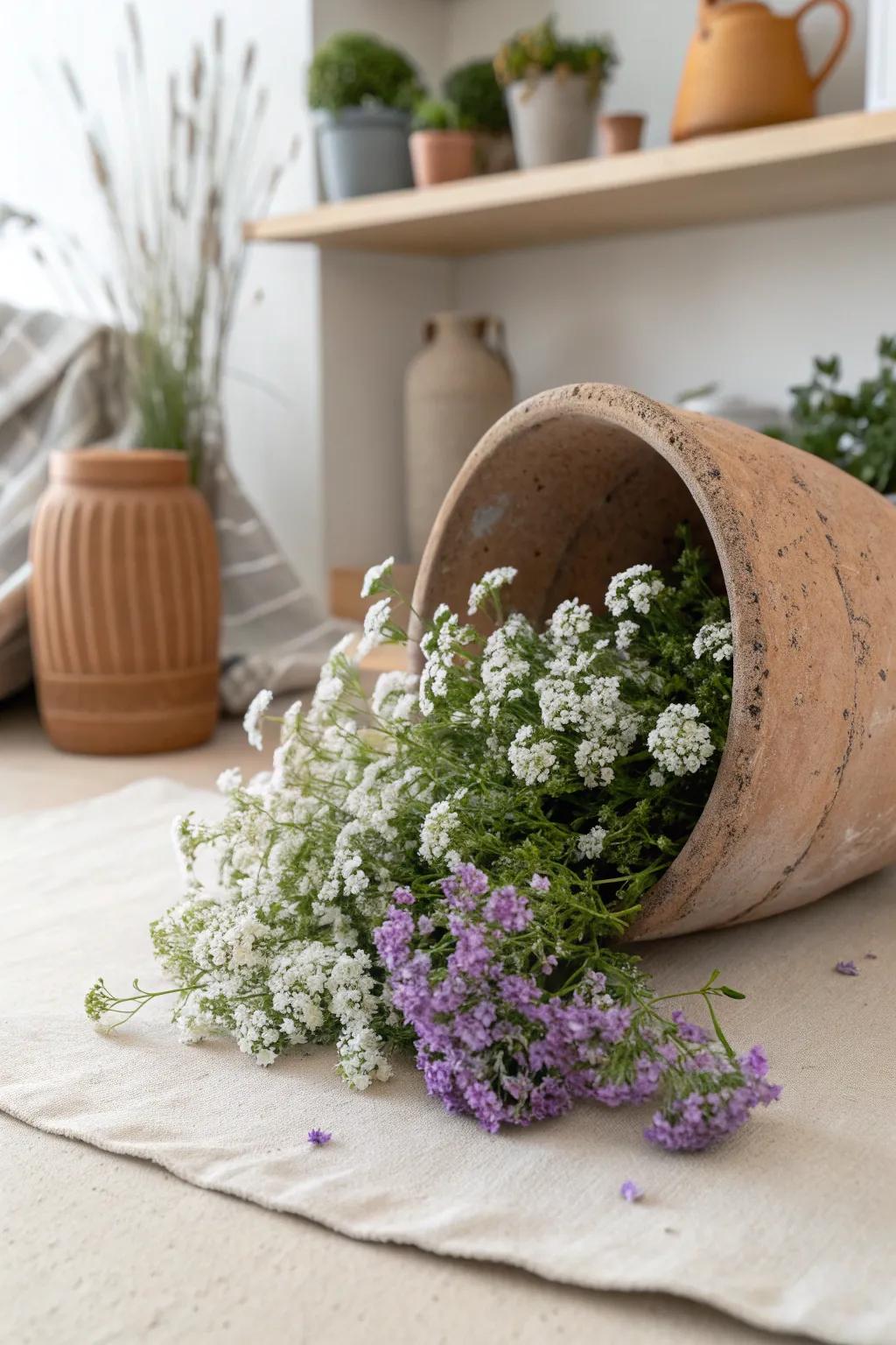 Broken Pot, New Life: Embrace the beauty in imperfections with this elegant flower cascade.