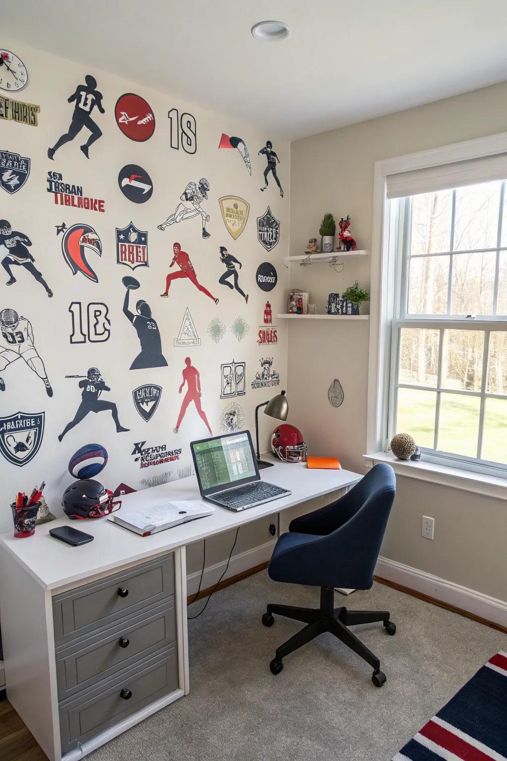 A sports-themed statement wall can create a striking impression.