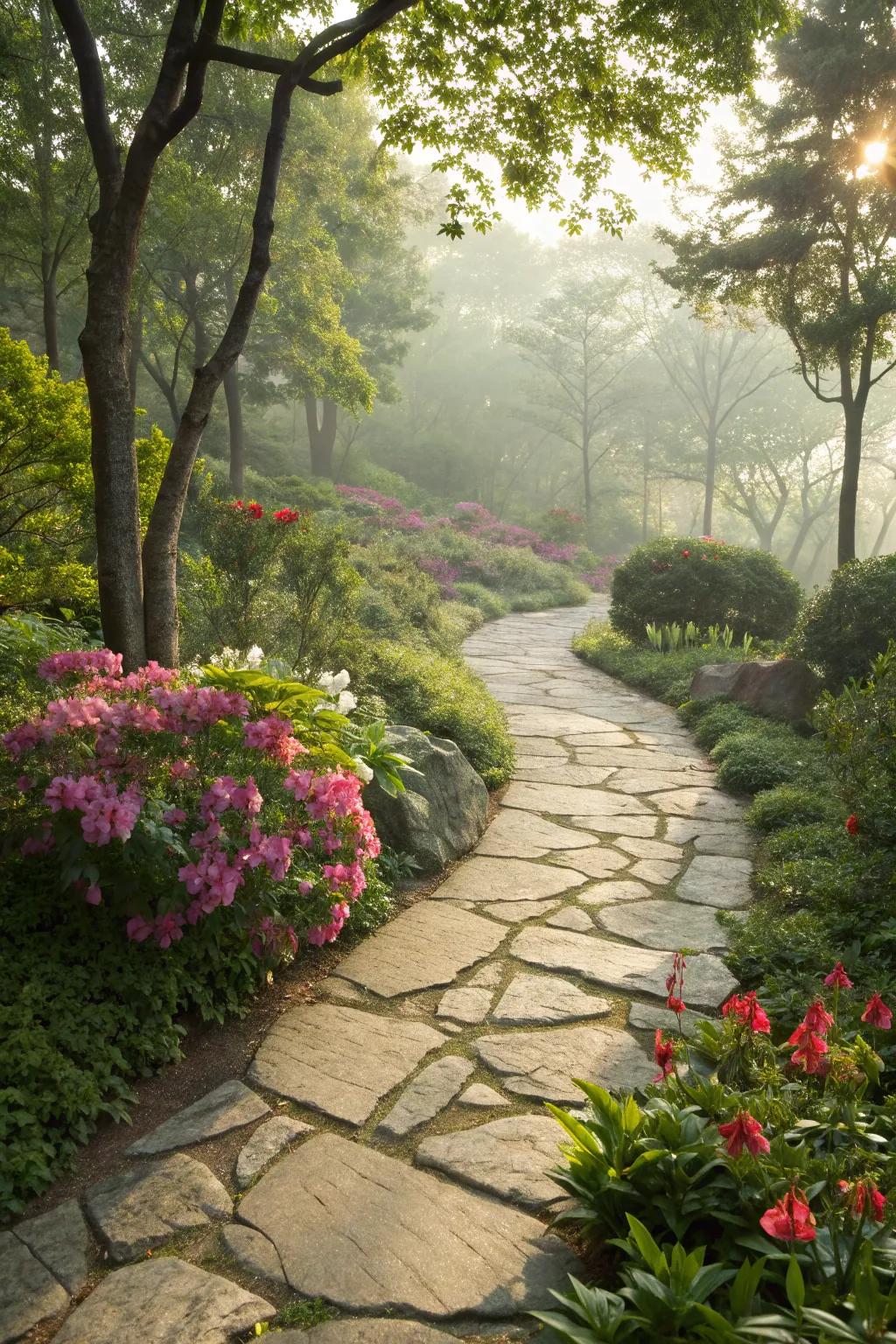 A rustic stone pathway leads through a rich garden, inviting exploration.