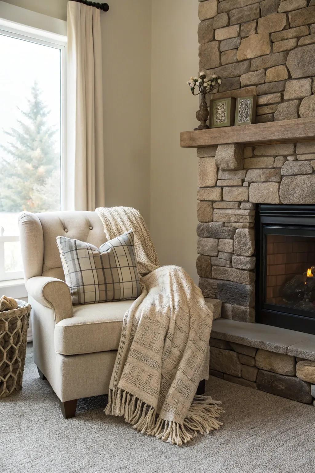 A snug corner fireplace perfect for relaxation.