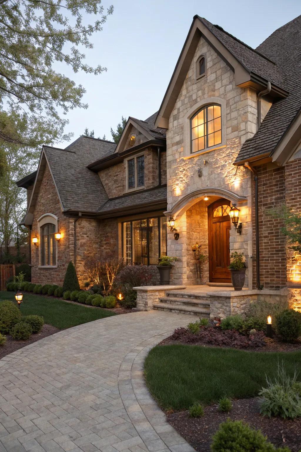 Earthy elegance with brown brick and limestone.