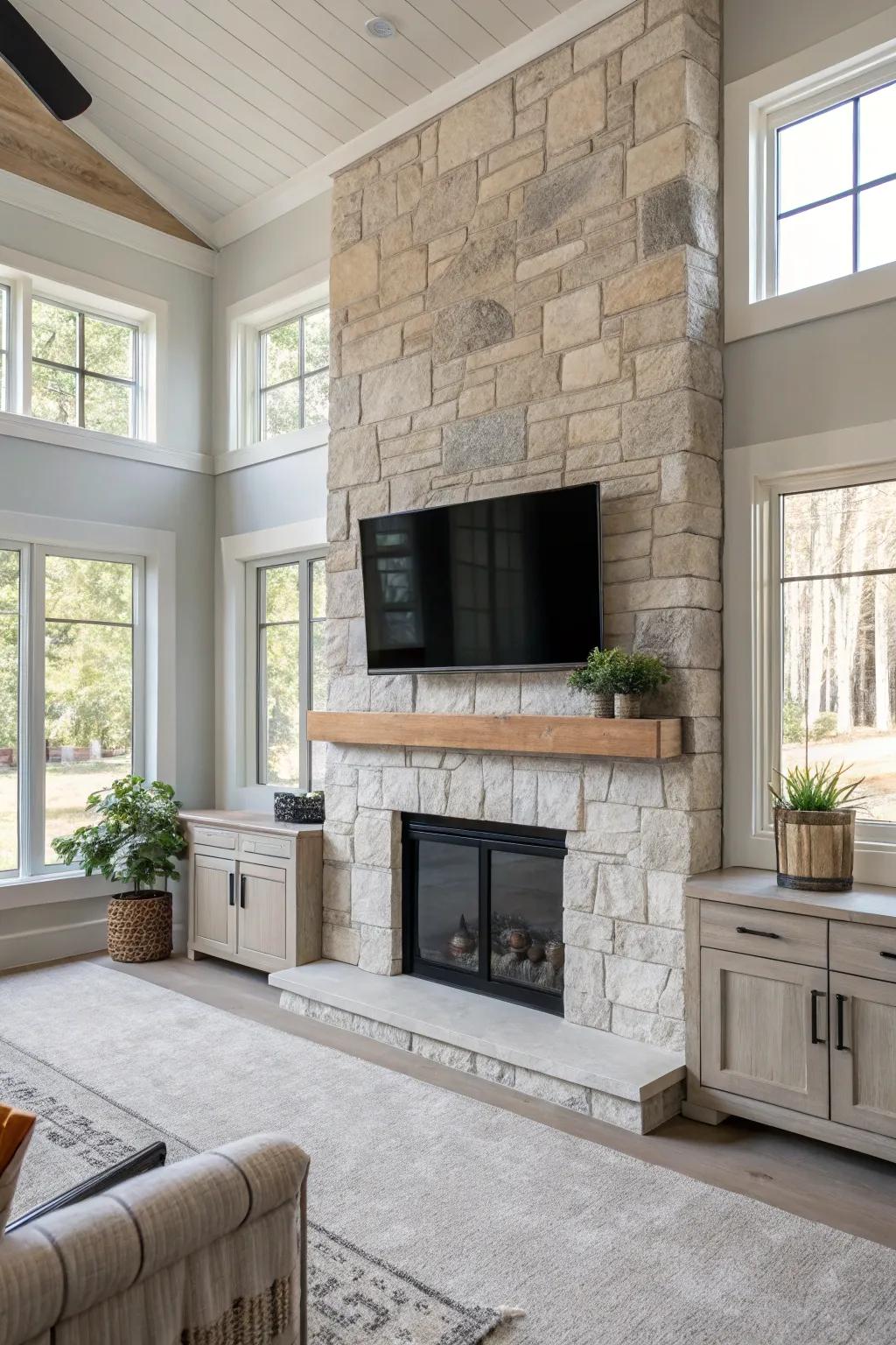 Accomplish an understated visual with a polished stone hearth and bezel-less display setup.