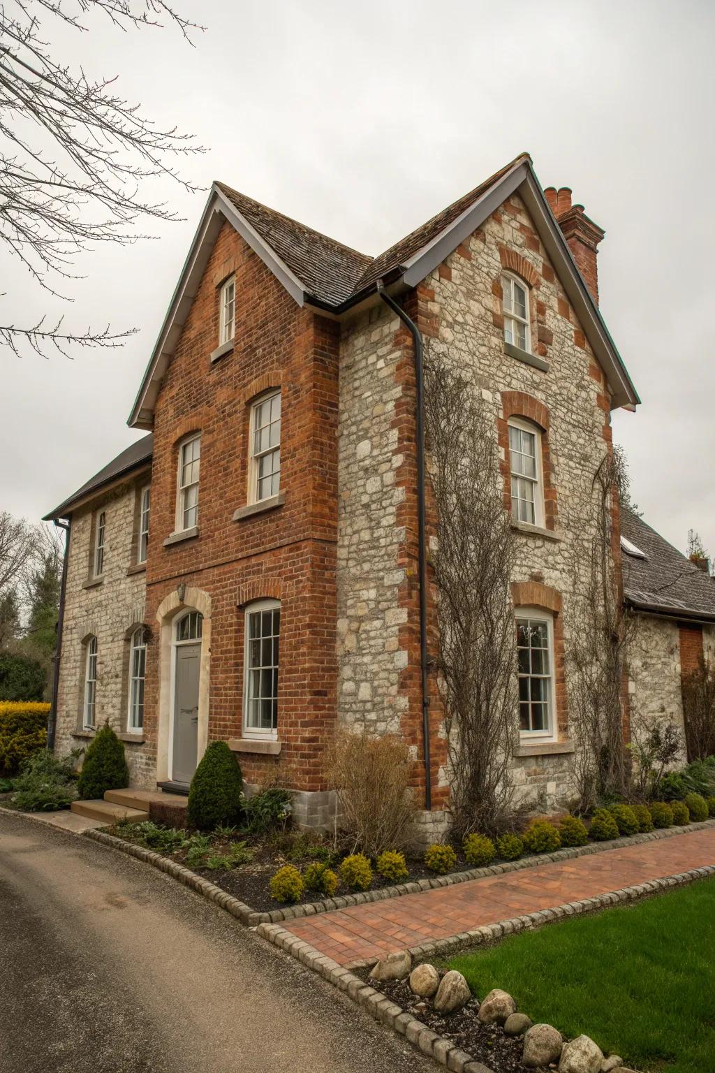 An elegant house with a mixed brick and stone facade.