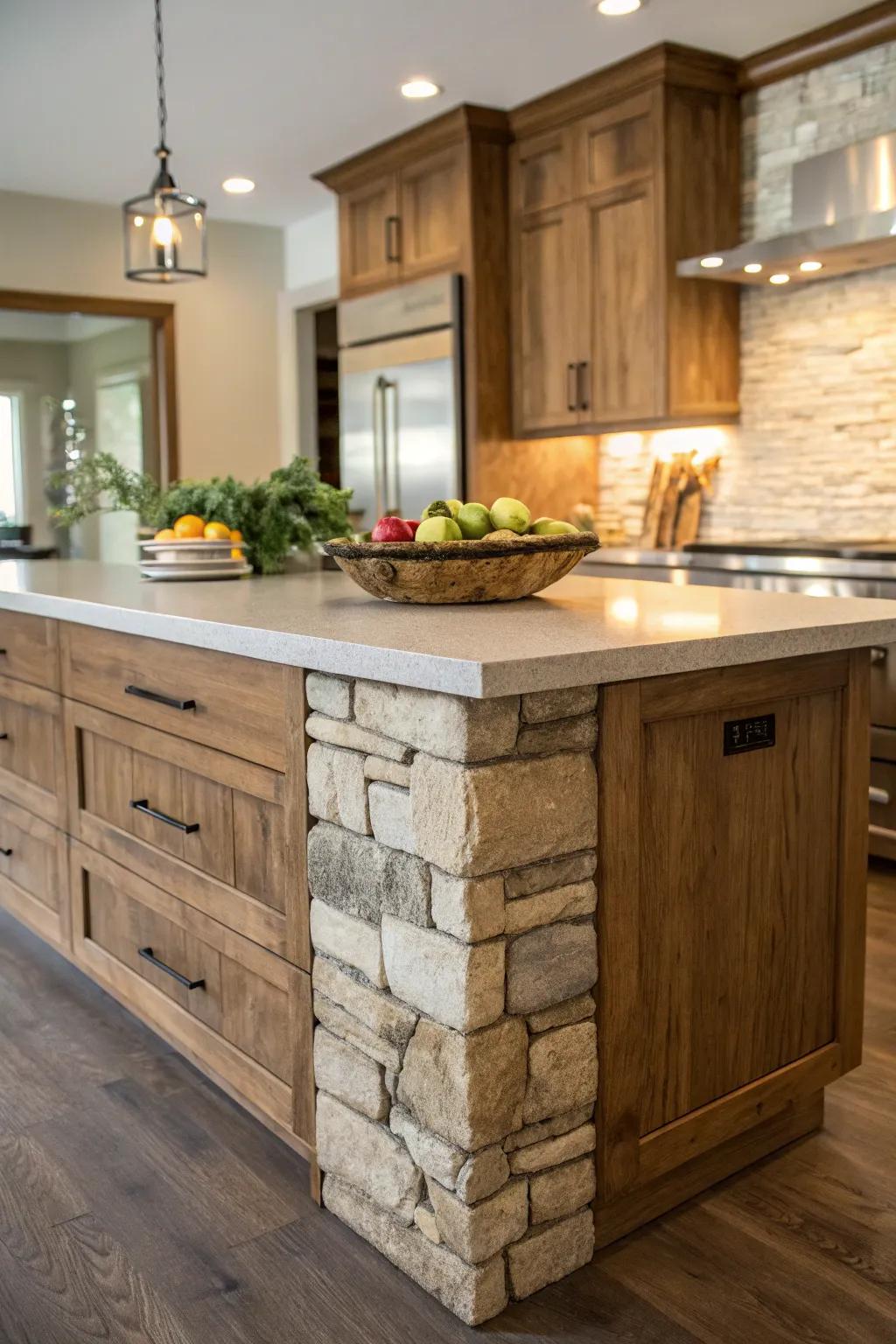 A kitchen island showcasing the beautiful contrast of stone and wood elements.