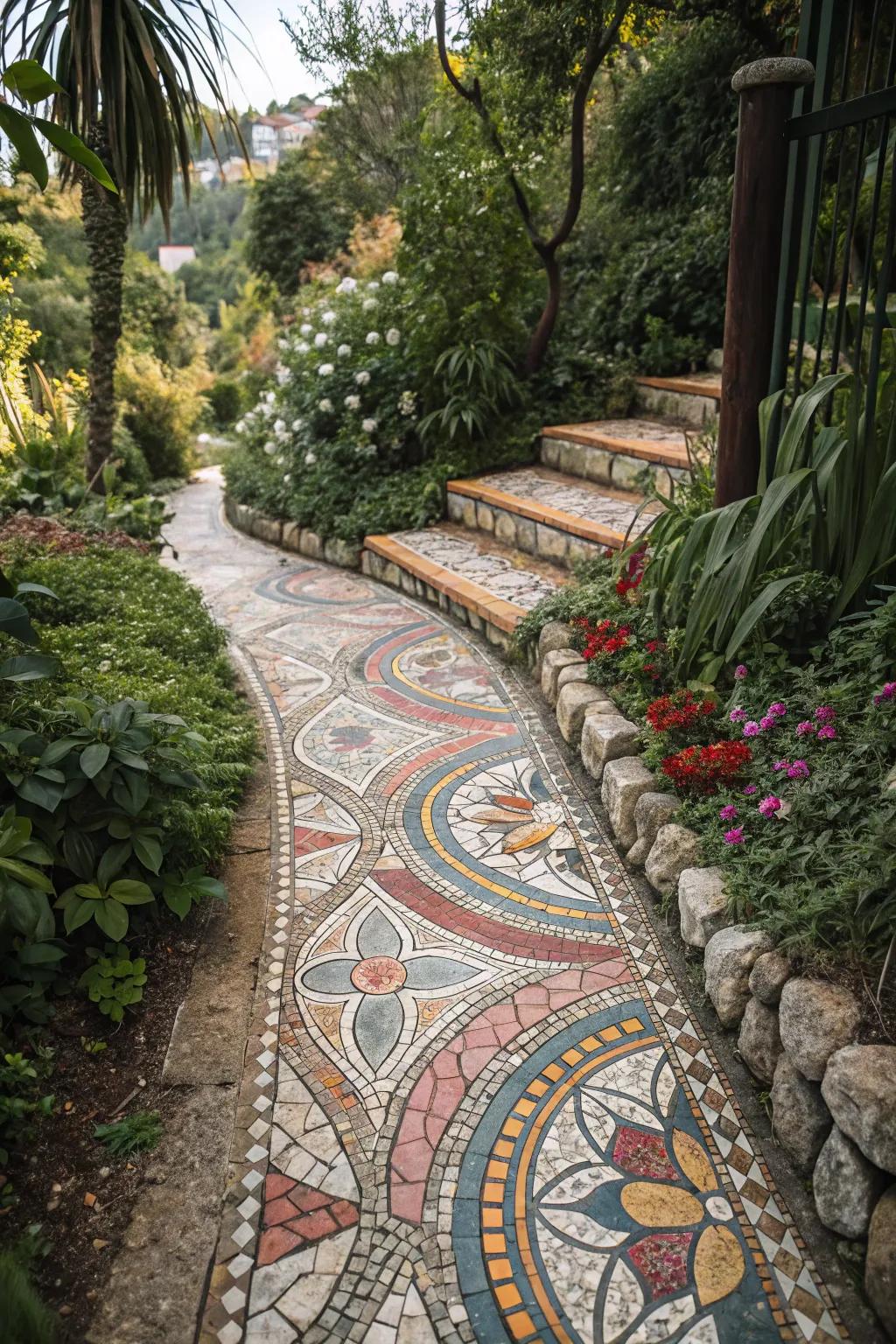 An inlaid stone route introduces energetic artistry to your outdoor setting.
