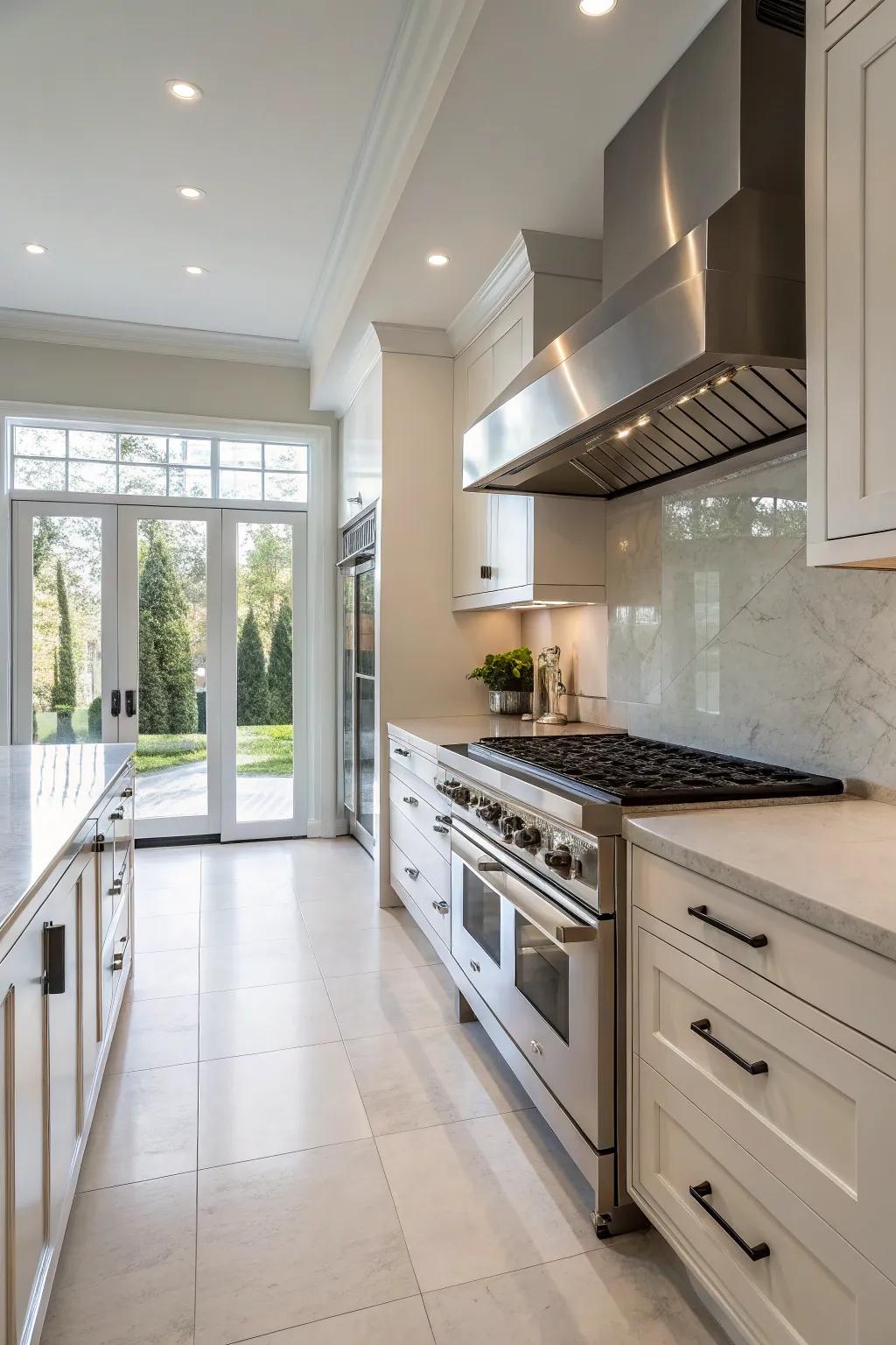 A minimalist stove alcove with modern design and high-end appliances, perfect for sleek contemporary homes.