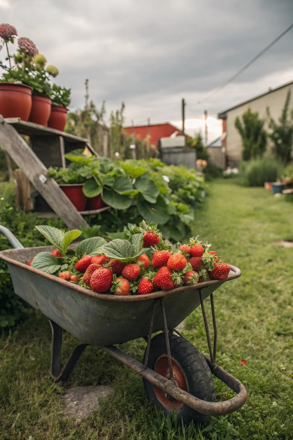 Strawberries thriving in a repurposed wheelbarrow.