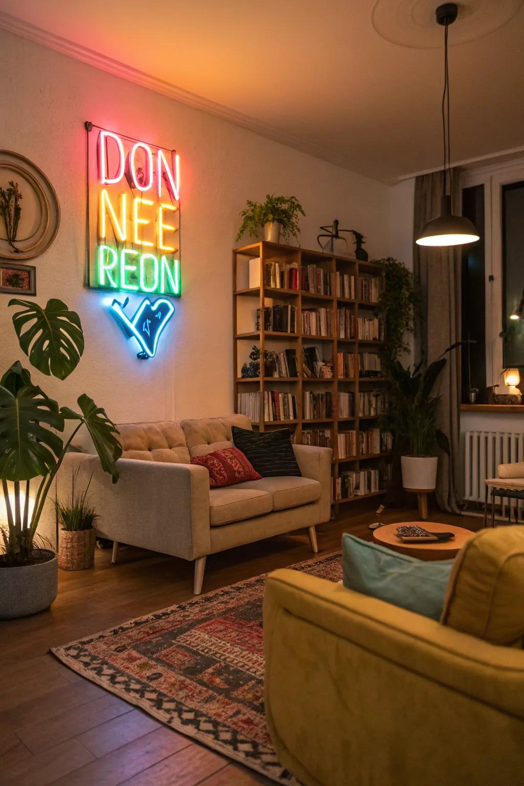 A neon sign adds a modern touch to your streaming setup.