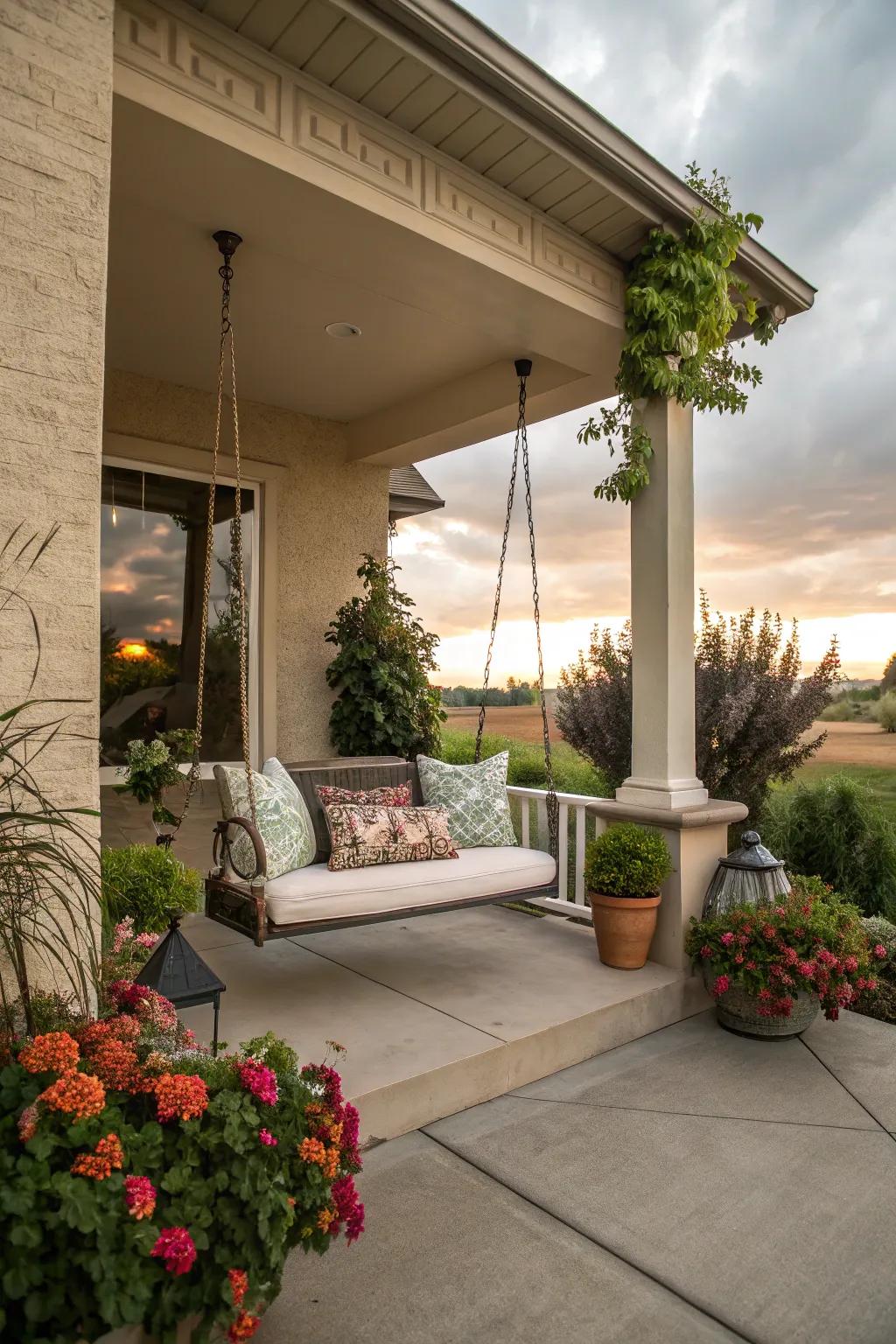 A comfortable seating area on the porch that is ideal for relaxing and enjoying the view.