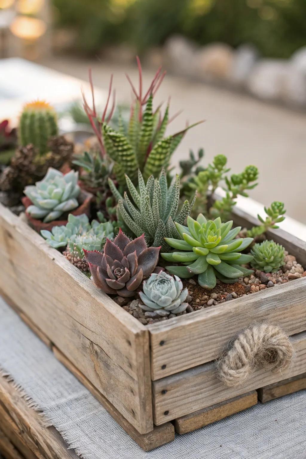 A textured arrangement of succulents with varied dimensions.