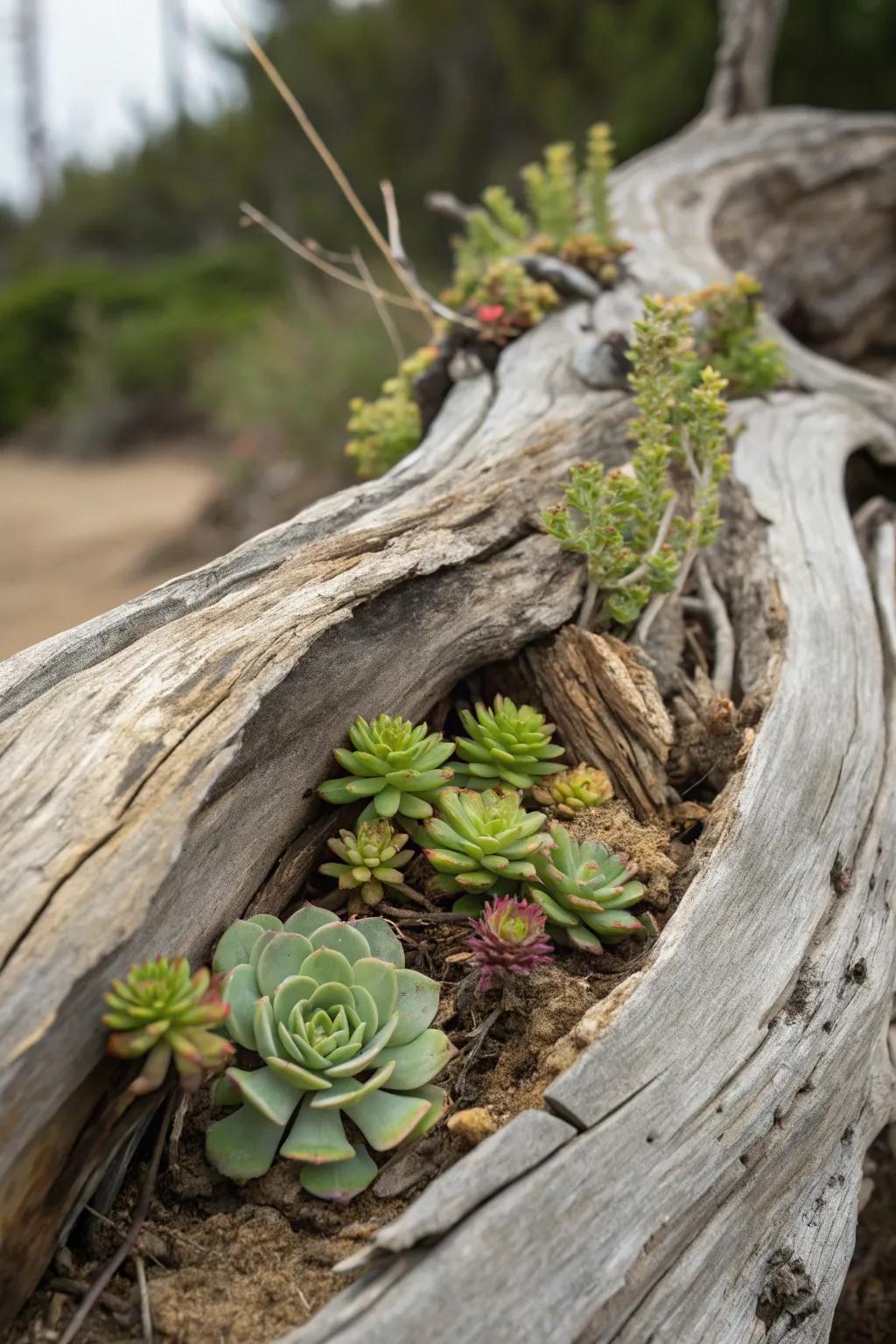 Driftwood and succulents create a harmonious natural display.