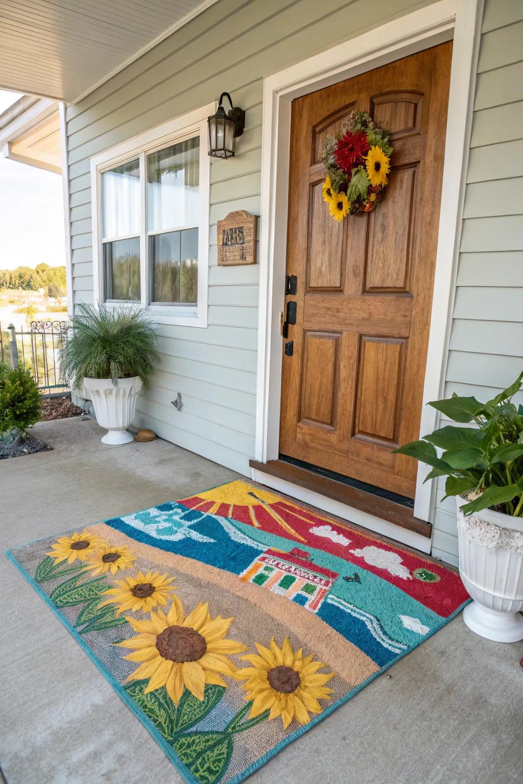 A vibrant floor covering creates a welcoming first impression.