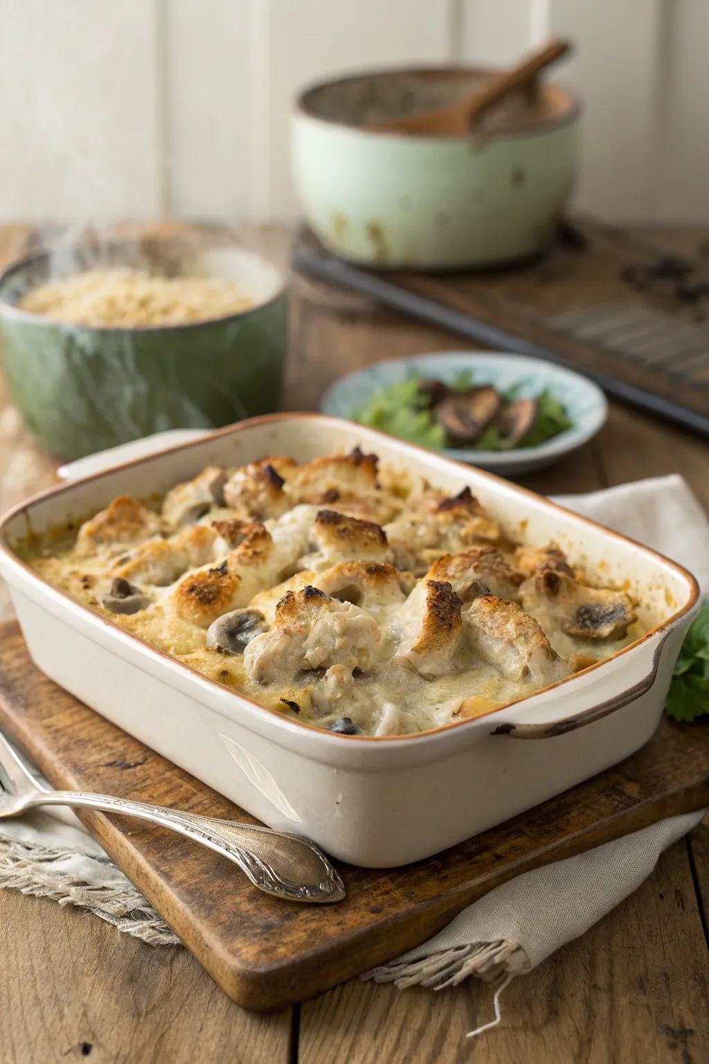 Creamy chicken and mushroom bake, a beloved family staple.