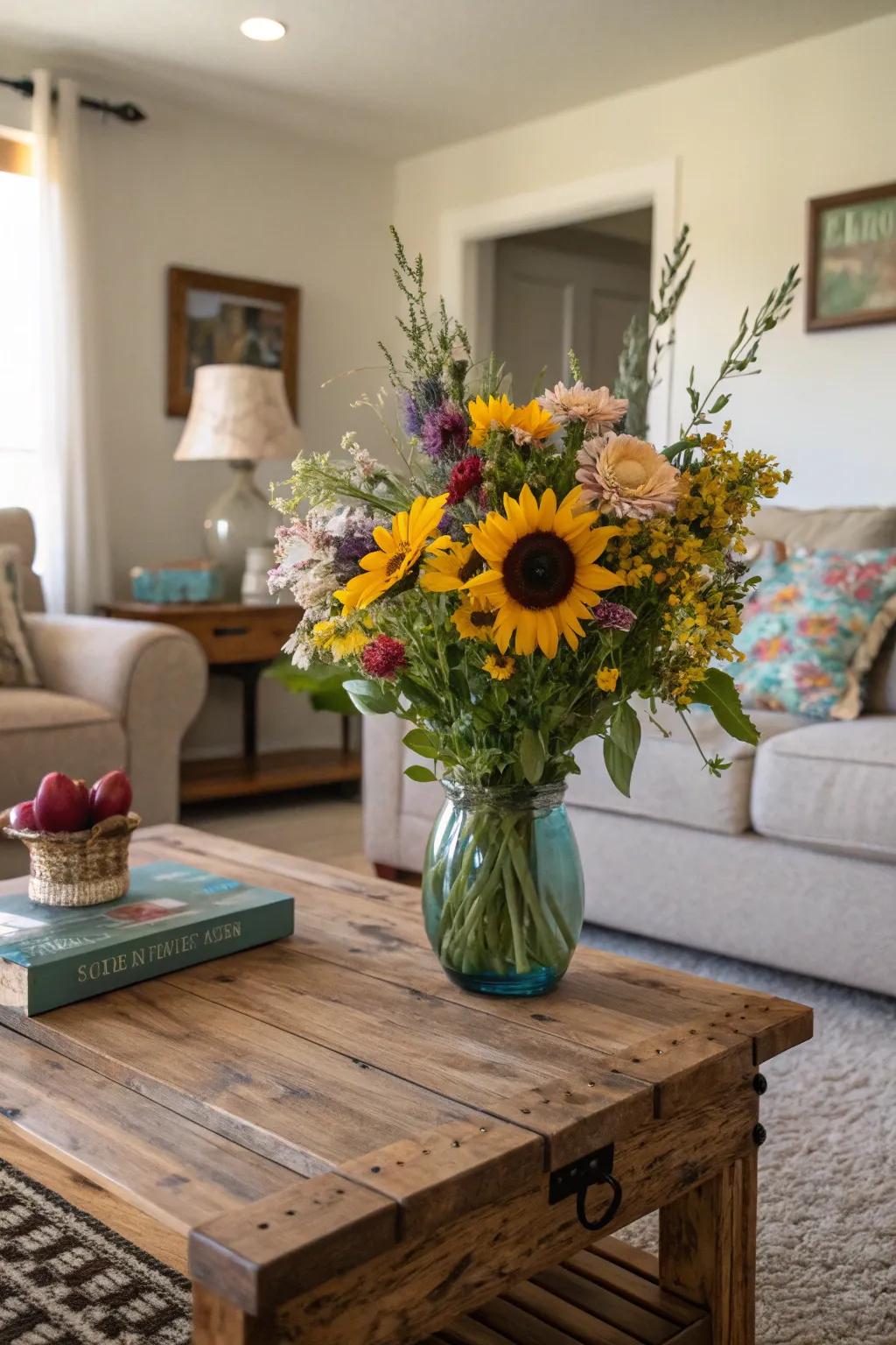 Welcome the meadow indoors with sunflowers and wildflowers.