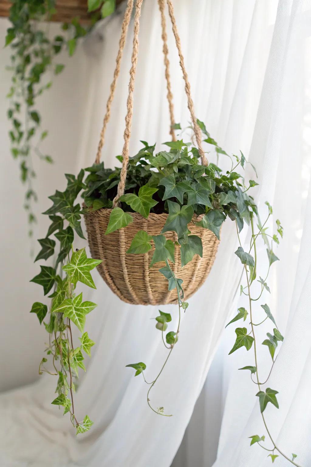 Embrace the elegance of nature with cascading sweet potato vines in a chic hanging basket.
