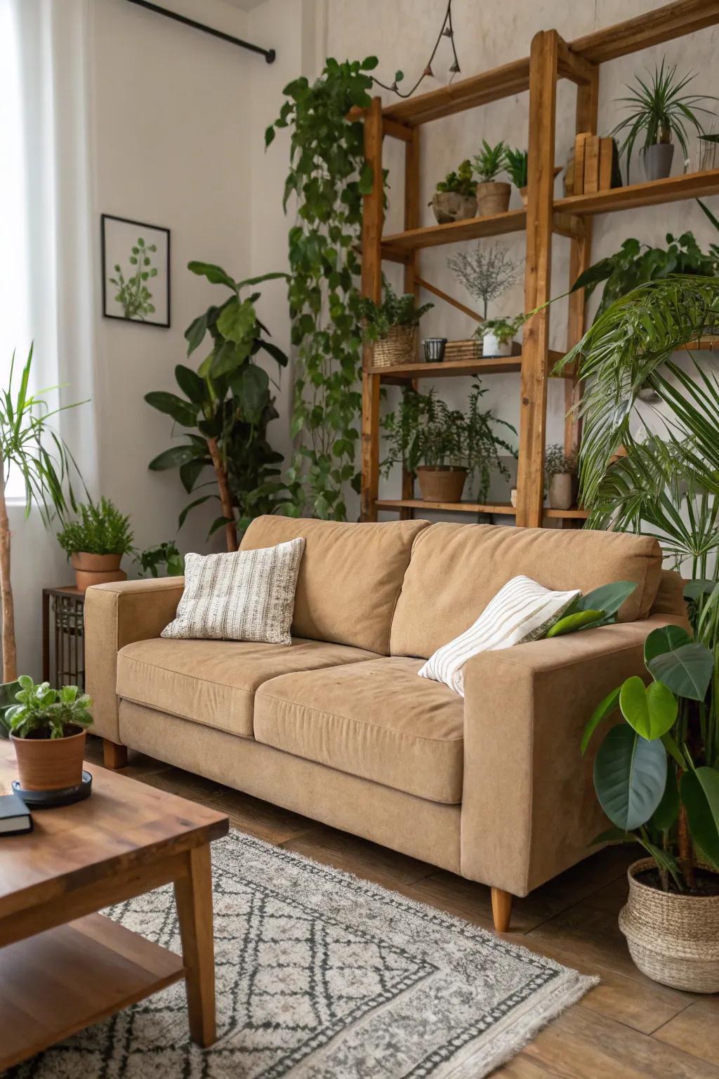 Natural elements like plants and wood add warmth and vitality.