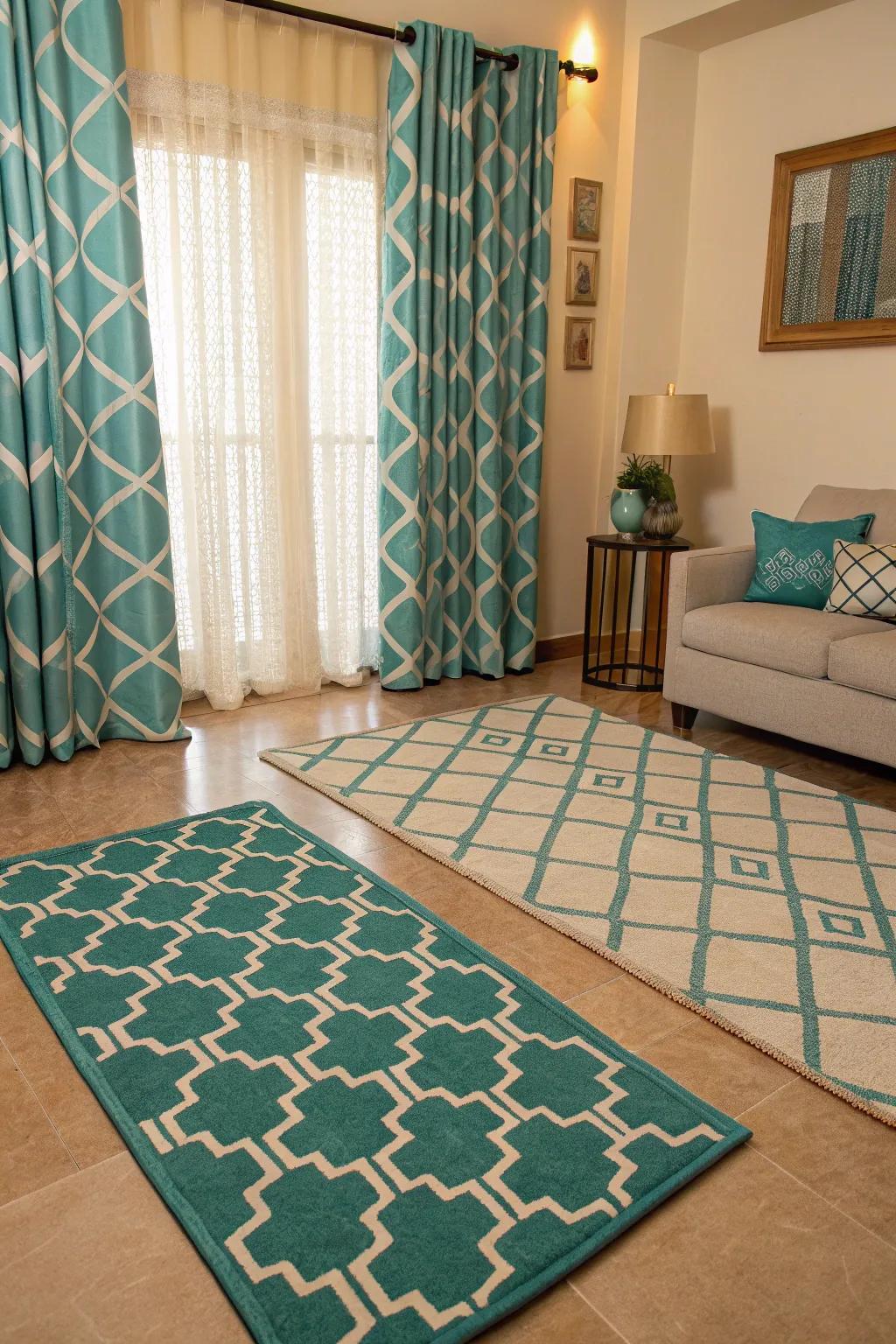 Geometric patterns in teal and beige add a playful touch.
