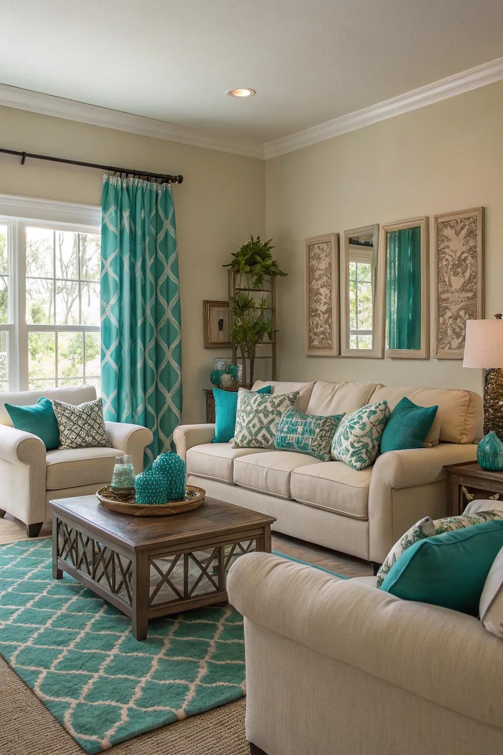 Neutral tones perfectly complement the boldness of teal in this serene setting.