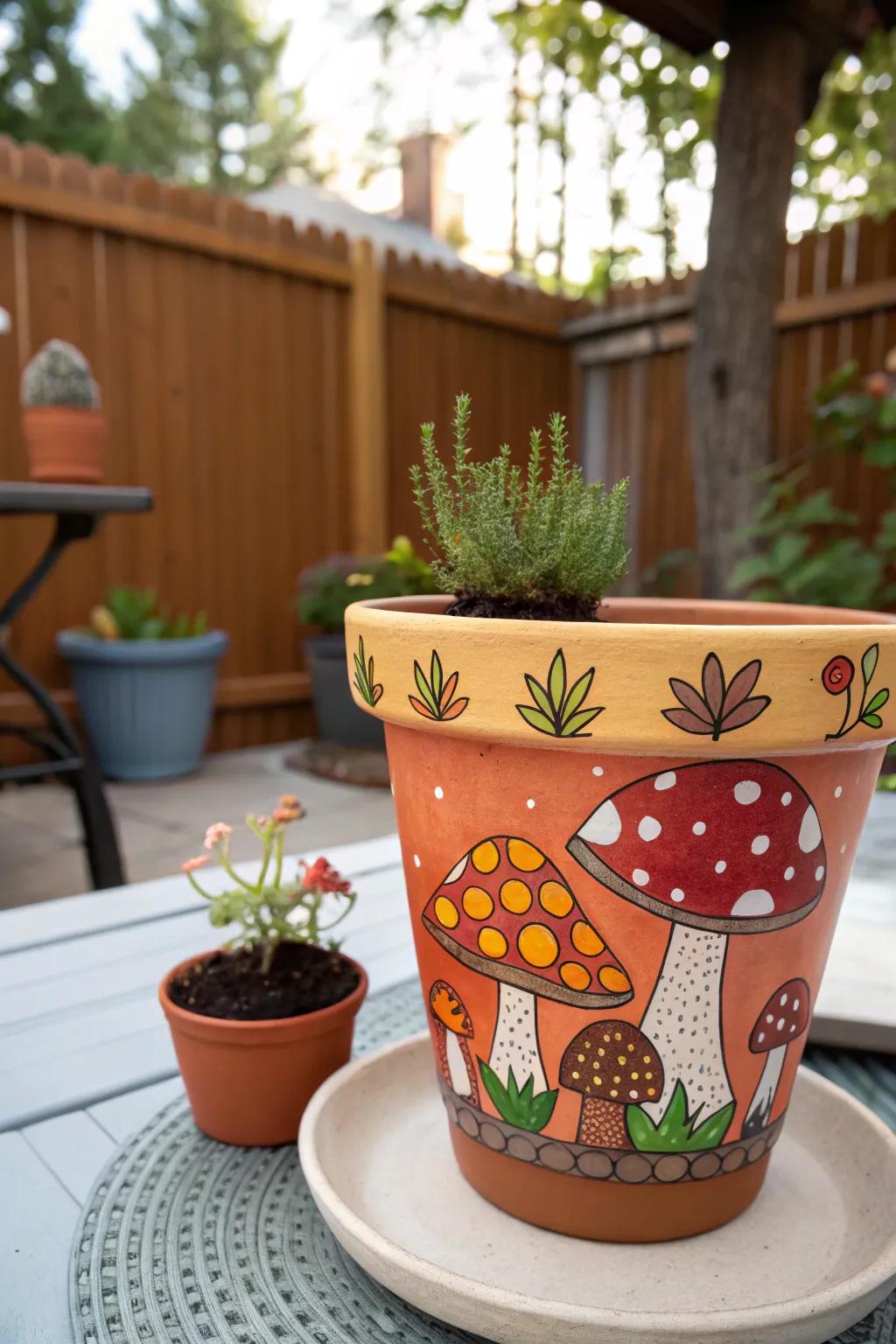 Whimsical mushroom designs bring a playful charm to any pot.