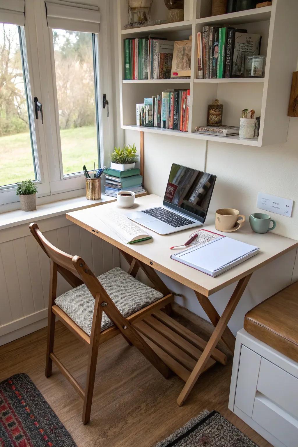 A foldable desk offers flexibility in small spaces.