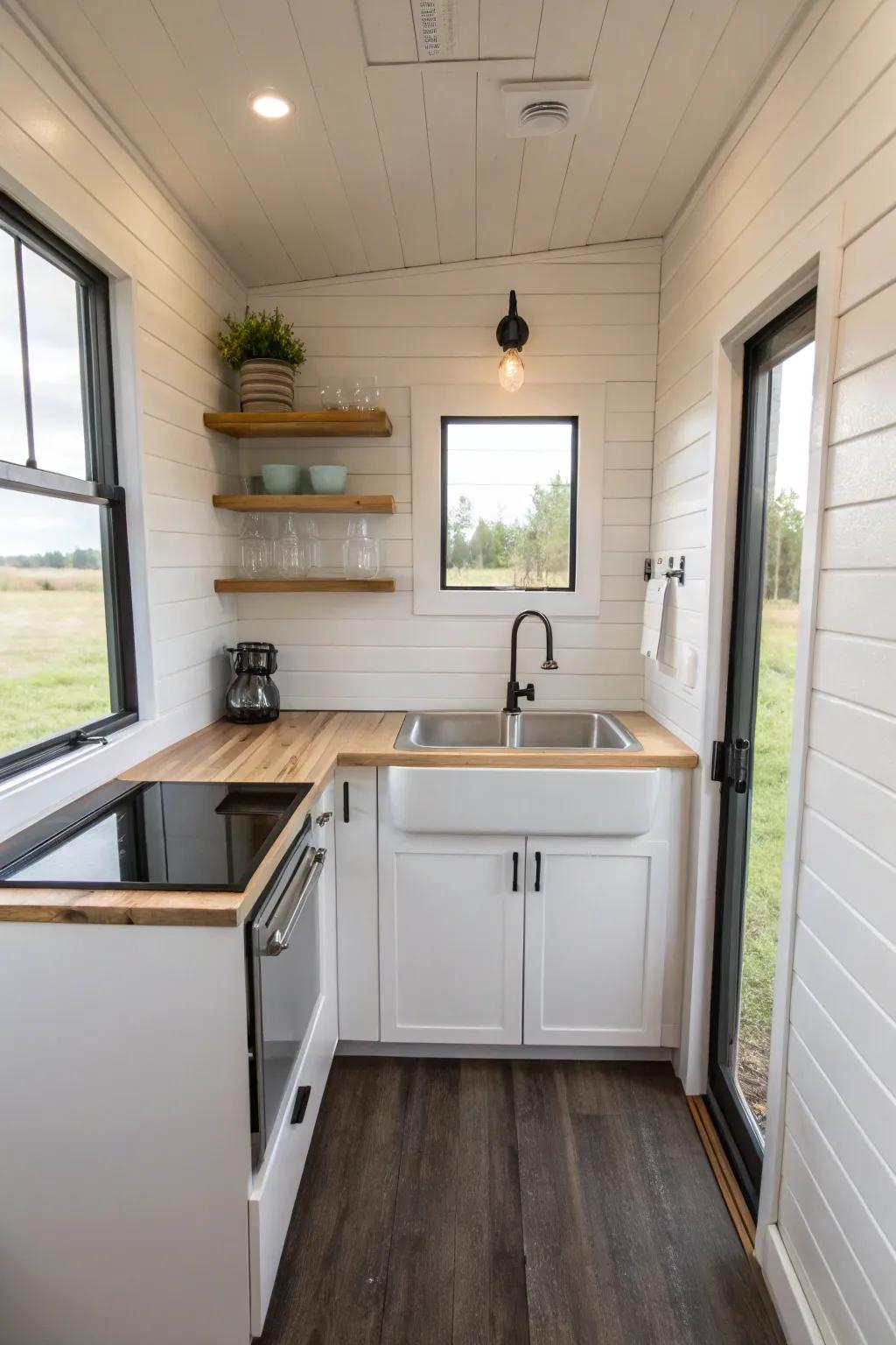 A minimalist tiny house kitchen boasting a refined mounted sink.